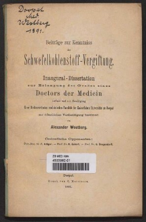 Beiträge zur Kenntniss der Schwefelkohlenstoff-Vergiftung