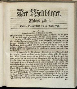 Achtes Blatt. Berlin, Donnerstags den 23. Merz 1741.