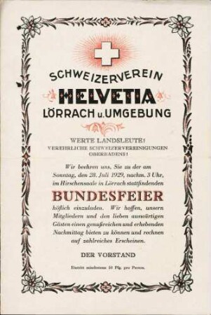Gründung, Statuten und Tätigkeit des Schweizer Vereins Helvetia - Lörrach und Umgebung