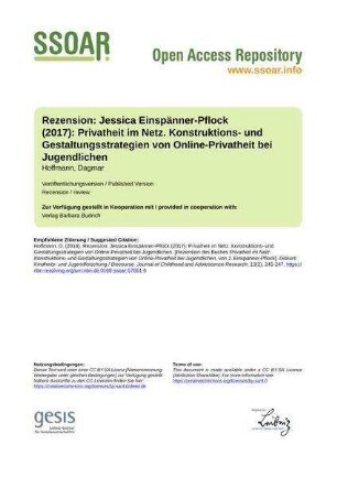 Rezension: Jessica Einspänner-Pflock (2017): Privatheit im Netz. Konstruktions- und Gestaltungsstrategien von Online-Privatheit bei Jugendlichen