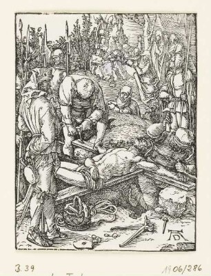 Christus wird an das Kreuz genagelt, Blatt 24 der Folge "Kleine Passion (nach dem Text)"