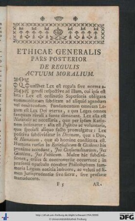 Ethicae Generalis Pars Posterior. De Regulis Actuum Moralium.