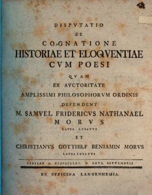 Disp. de cognatione historiae et eloquentiae cum poesi