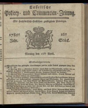 16tes Stueck, Montag den 18ten April. 1785
