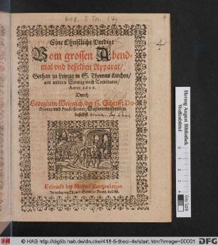 Eine Christliche Predigt Vom grossen Abendmal und desselben Apparat