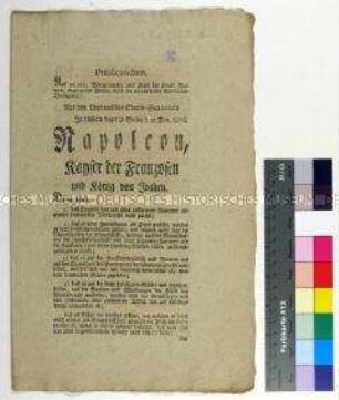 Bekanntmachung der Stadt Wismar mit Veröffentlichung des Dekrets von Kaiser Napoleon I. zur Wirtschaftsblockade gegen Großbritannien (in deutscher und französischer Sprache)