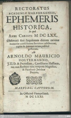 Rectoratus Academiae Marburgensis, ephemeris historica