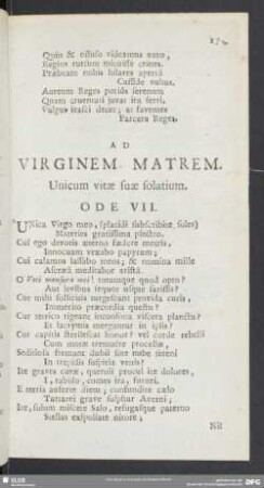 Ad Virginem Matrem. Unicum vitae suae folatium. Ode VII.