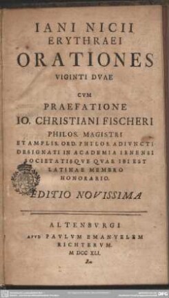 Iani Nicii Erythraei Orationes Viginti Duae