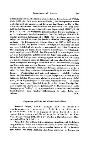 Scheper, Burchard :: Frühe bürgerliche Institutionen norddeutscher Hansestädte, Beiträge zu einer vergleichenden Verfassungsgeschichte Lübecks, Bremens, Lüneburgs und Hamburgs im Mittelalter, (Quellen und Darstellungen zur hansischen Geschichte, N.F., 20) : Köln u.a., Böhlau, 1975