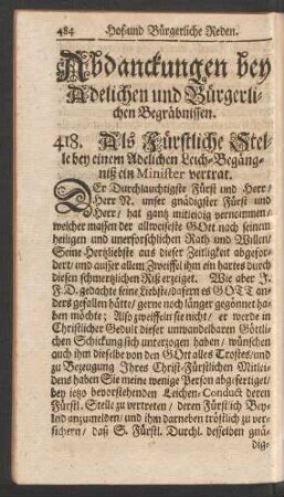 Abdanckungen bey Adelichen und Bürgerlichen Begräbnissen. 418. - 451.