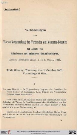 4: Verhandlungen der ... Versammlung des Verbandes von Museums-Beamten zur Abwehr von Fälschungen und Unlauterem Geschäftsgebaren