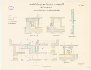 Land- und Amtsgericht, Schweidnitz Zentral-Luftheizung für den Schwurgerichtssaal: Grundriss, Längsschnitt, Querschnitte, 1:50