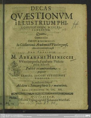Decas quaestionum illustrium philosophicarum miscellanearum