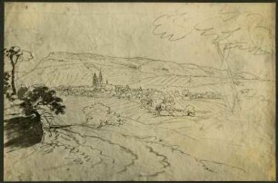 Landschaftsbild mit Dorfansicht, Wingert und Kirche