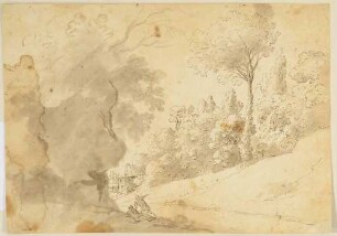 Landschaft mit zwei ruhenden Wanderern im Vordergrund