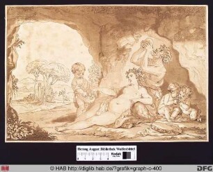 Satyr, Frau und Kinder in einer Höhle.