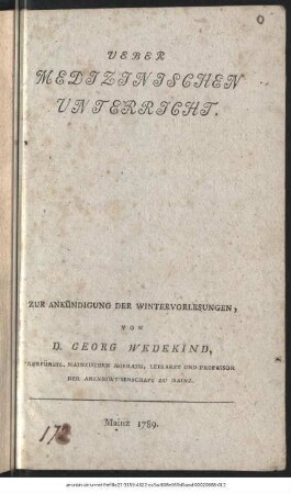 Ueber Medizinischen Unterricht : Zur Ankündigung Der Wintervorlesungen