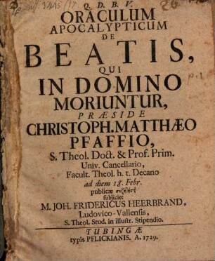 Oraculum apocalypticum de beatis, qui in Domino moriuntur