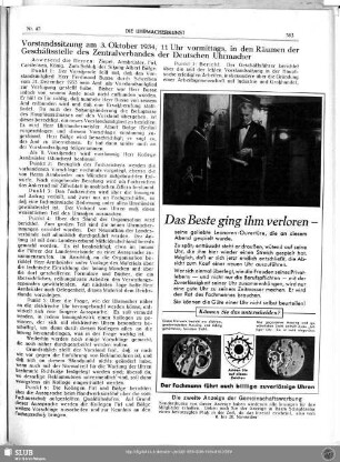 Vorstandssitzung am 3. Oktober 1934, 11 Uhr vormittags, in den Räumen der Geschäftsstelle des Zentralverbandes der Deutschen Uhrmacher