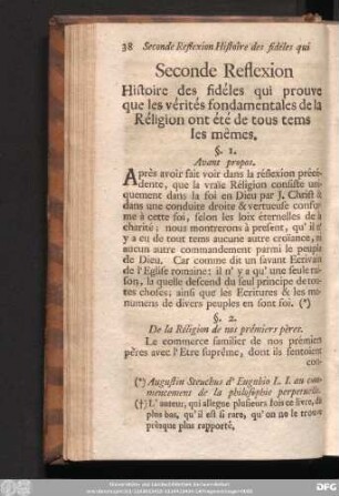 Seconde Reflexion Histoire des fidéles qui prouve que les vérités fondamentales de la Réligion ont été de tous tems les mêmes.