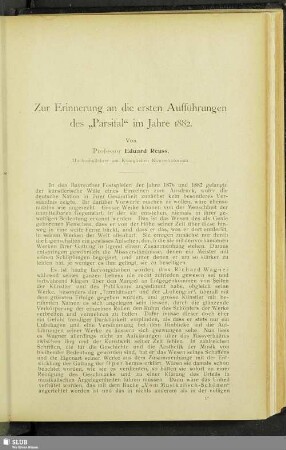 Zur Erinnerung an die ersten Aufführungen des "Parsifal" im Jahre 1882