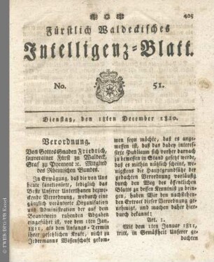 No. 51, Dienstag, den 18ten December 1810