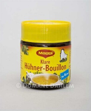 Einkauf Biolek: Schraubglas "Klare Hühner Bouillon" der Firma "Maggi"