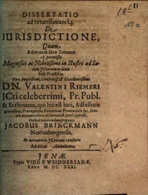 Dissertatio ad vexatissimam 1. 3. De Iurisdictione