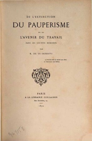 De l'extinction du pauperisme et de l'avenir du travail dans les sociétés modernes