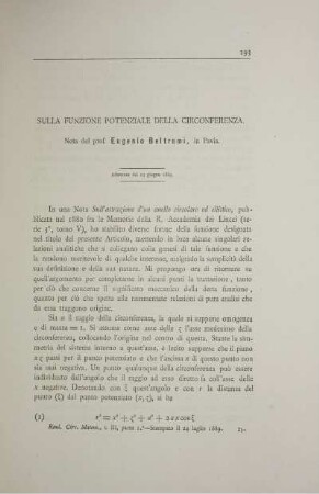 Sulla funzione potenziale della circonferenza.