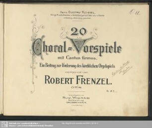 20 Choral-Vorspiele mit Cantus firmus : ein Beitrag zur Förderung des kirchlichen Orgelspiels; op. 4