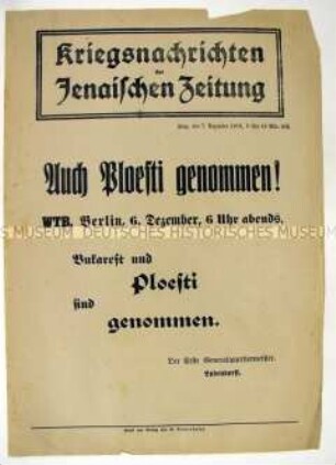 Nachrichtenblatt der "Jenaischen Zeitung" zur Einnahme von Ploesti