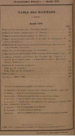 Table des matières. Avril 1899.