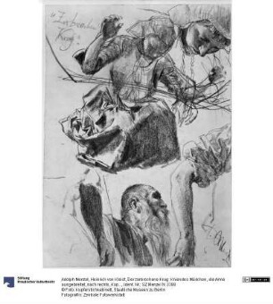 Heinrich von Kleist, Der zerbrochene Krug: Kniendes Mädchen, die Arme ausgebreitet, nach rechts, Kopf eines bärtigen alten Mannes