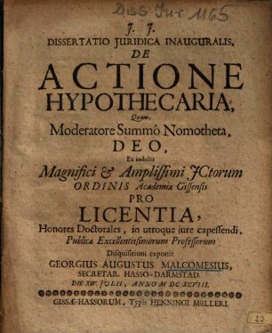 Dissertatio Juridica Inauguralis, De Actione Hypothecaria