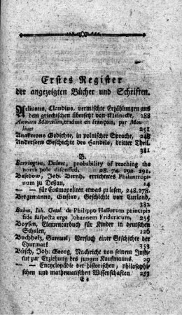 Erstes Register der angezeigten Bücher und Schriften
