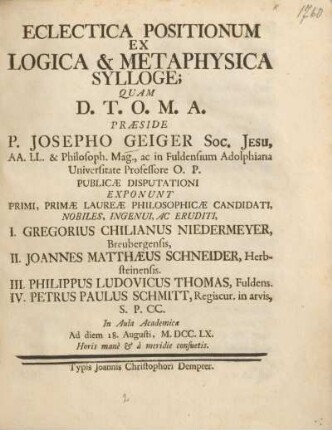 Eclectica positionum ex logica & metaphysica sylloge