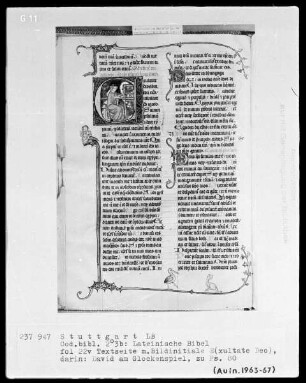 Lateinische Bibel, drei Bände — Initiale E (xultate deo), darin David am Glockenspiel, Folio 22verso