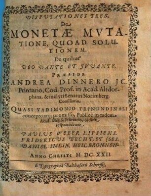 Disputationes tres de monetae mutatione quoad solutionem