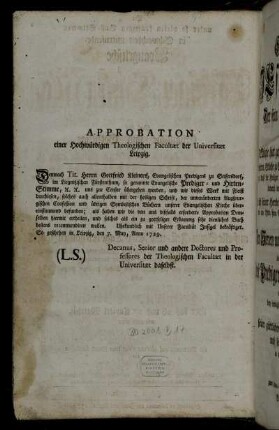 Approbation einer Hochwürdigen Theologischen Facultæt der Universitæt Leipzig.