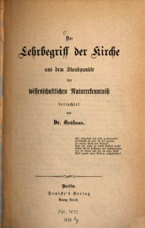 Der Behrbegriff der Kirche aus dem Standpunkte der wissenschaftlichen Naturerkenntniß betrachtet