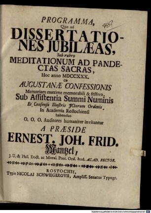 Programma quo ad dissertationes iubilaeas, sub rubro meditationum ad Pandectas sacras ... habendas ... invitantur