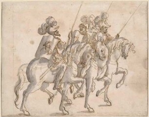 Drei römische Reiter; Vorzeichnung zu Balthasar Küchlers: "Repraesentatio der Fürstlichen Auffzug und Ritterspil..." 1609