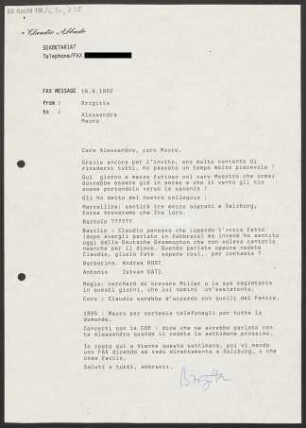Brief an Alessandra Abbado und Mauro Meli an Ferrara Musica, 16.06.1992