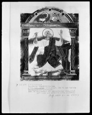 Evangeliar Heinrichs 2. — Markus als schreibender Evangelist, mit Löwe und auferstehendem Christus, Folio 86verso