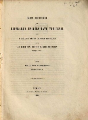 Index lectionum in Literarum Universitate Turicensi ... habendarum, 1858/59 (1858)