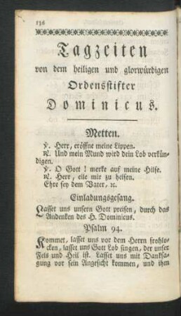 Tageszeiten von dem heiligen und glorwürdigen Ordensstifter Dominicus
