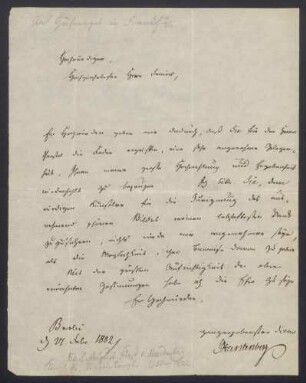 Brief des Staatskanzlers Fürst von Hardenberg an Hufnagel in Frankfurt/Main