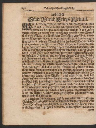 Löblicher Stadt Zürich Kriegs-Articul.